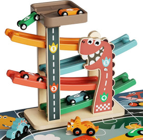 Paisure wooden car ramp toy with dinosaur cars for imaginative play sessions.