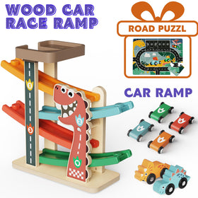 Paisure wooden car ramp toy featuring racing cars for fast, engaging races.