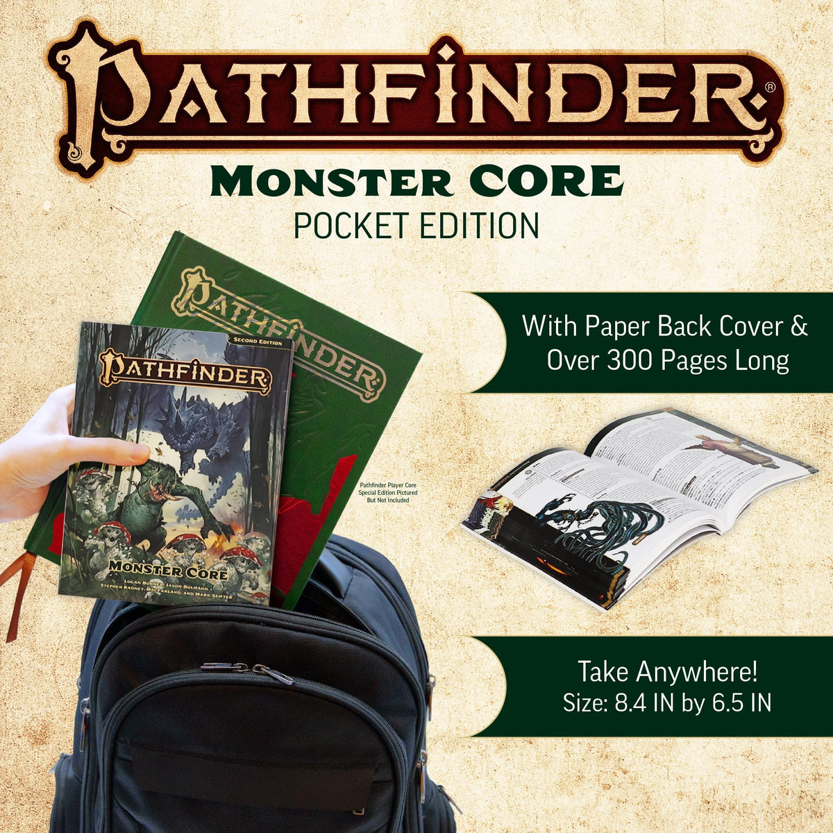 Paizo Pathfinder Monster Core Pocket Edition spine visible for easy transport
