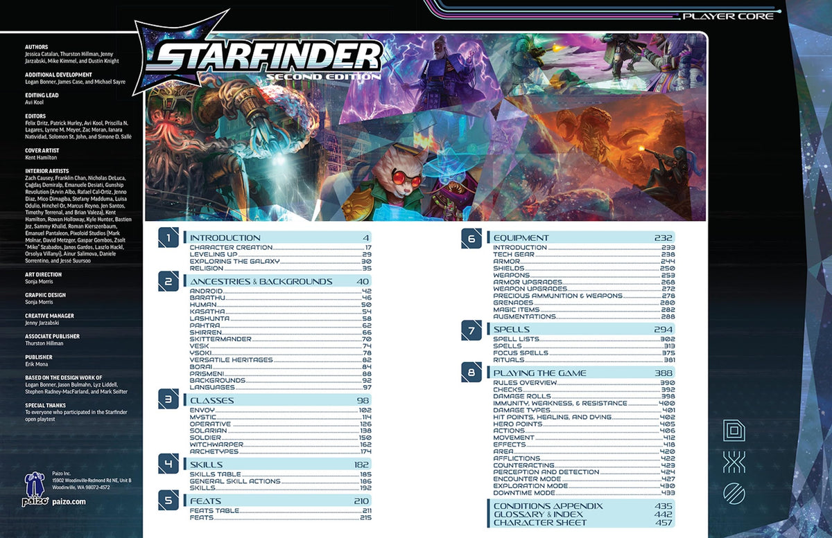 Paizo Starfinder Player Core Second Edition contents, complete rules and options for quick setup.