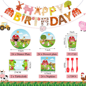 Pajean farm tablecloth with barnyard print creates cohesive party ambiance