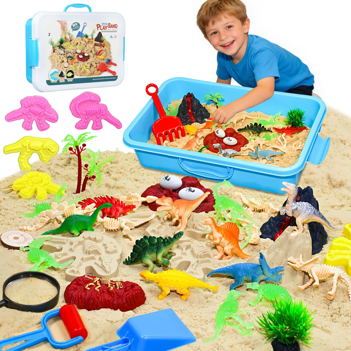 Pakimio dinosaur sensory bin with lid for tactile exploration and imaginative play