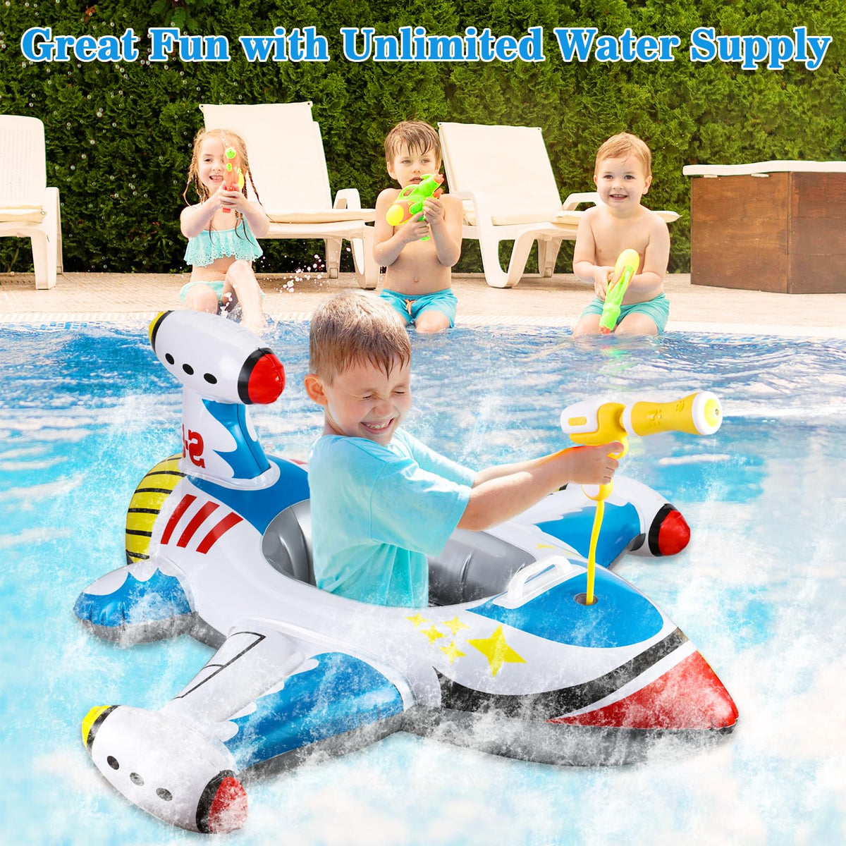 Pakoo baby airplane float with squirt gun in action for interactive water play