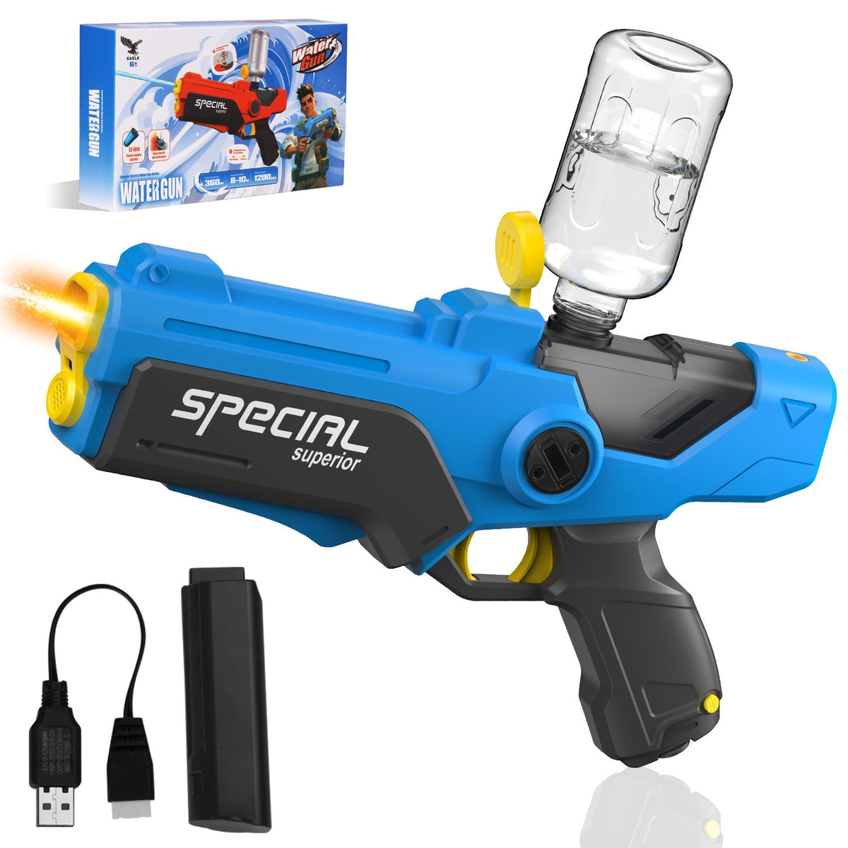 Pakoo electric water gun front view with sleek, eye-catching design.