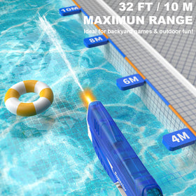 Pakoo water blaster 32ft range demonstrates long-distance reach for exciting battles.