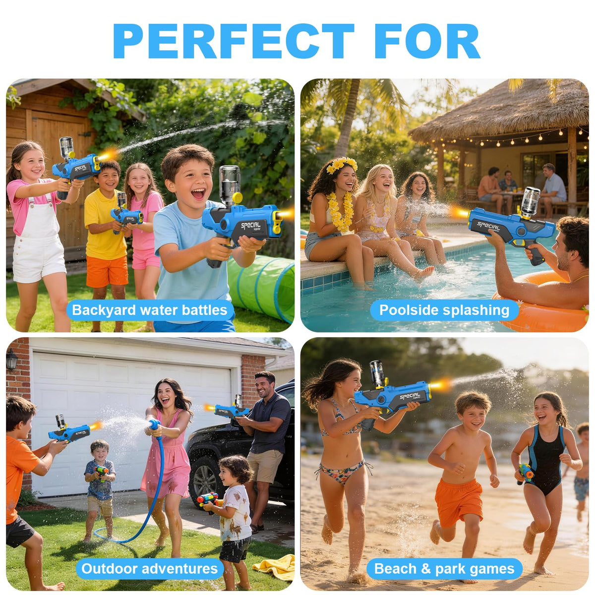 Pakoo water gun dual-action trigger refills automatically for seamless use.