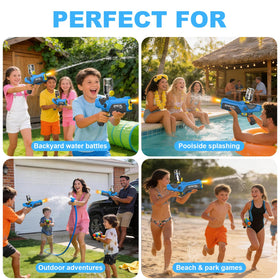 Pakoo water gun dual-action trigger refills automatically for seamless use.