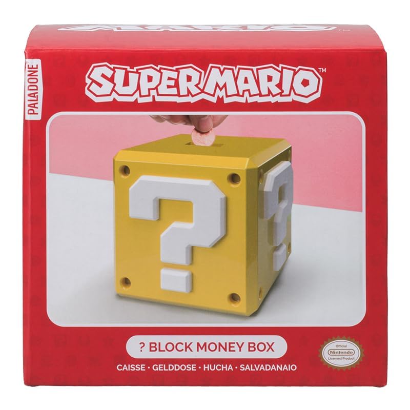 Paladone Super Mario Question Block money box back view, compact storage for kids' savings.