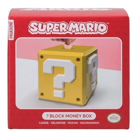 Paladone Super Mario Question Block money box back view, compact storage for kids' savings.