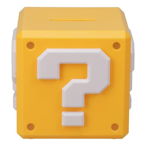Paladone Super Mario Question Block money box used as bedroom decor.