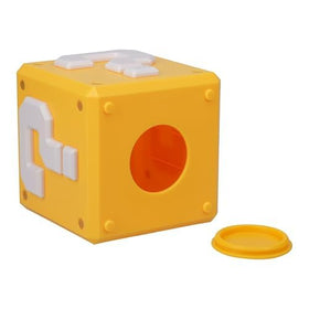 Paladone Super Mario Question Block money box close-up logo, official licensed product.