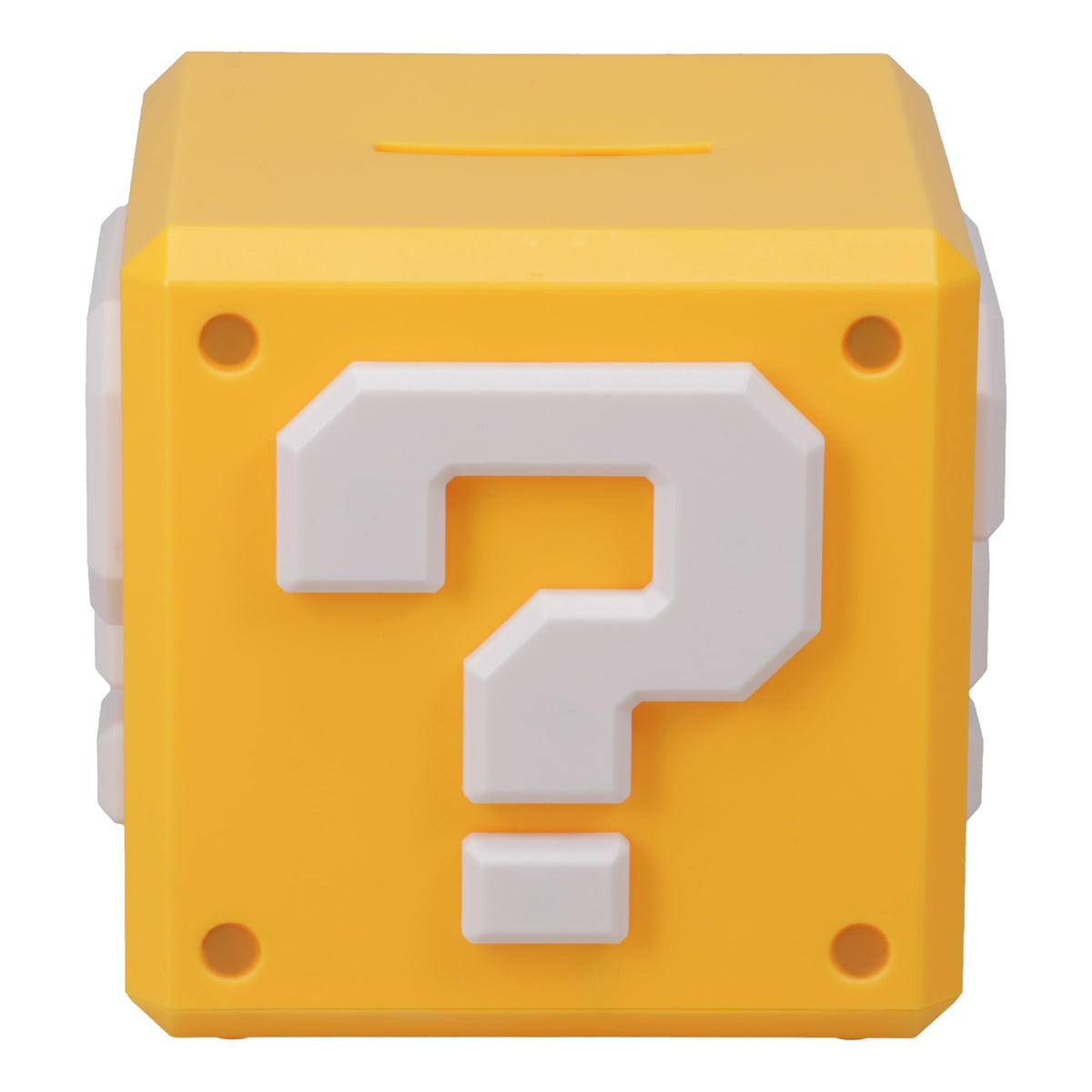 Paladone Super Mario Question Block money box front view, ideal for kids' savings and nostalgia.