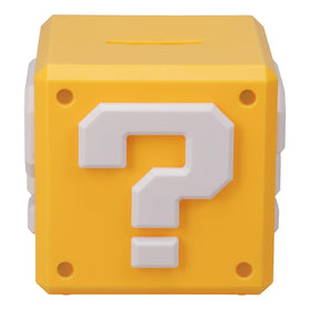 Paladone Super Mario Question Block money box front view, ideal for kids' savings and nostalgia.