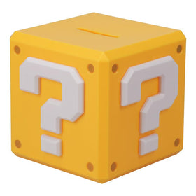 Paladone Super Mario Question Block money box shelf display in a room.