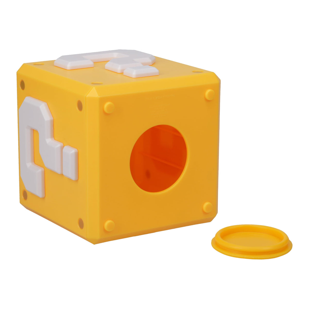 Paladone Super Mario Question Block money box side view, bright yellow nostalgia on display.