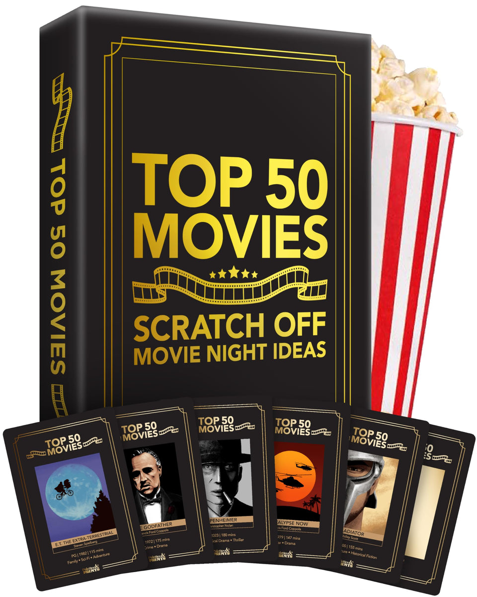 Palettes and Prints premium movie night scratch off card set highlights cinematic classics for spontaneous date nights.