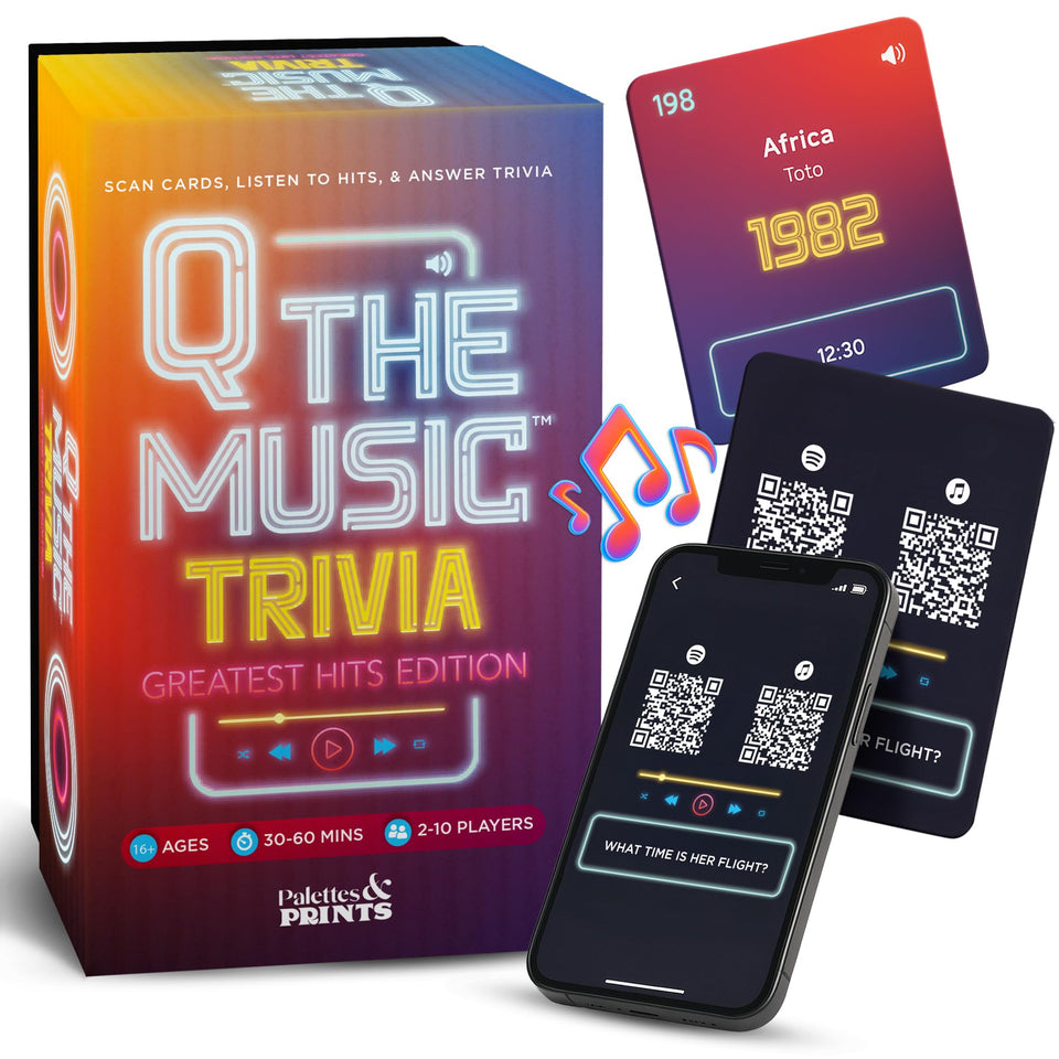 Palettes and Prints Q The Music card game cover for lively party trivia.