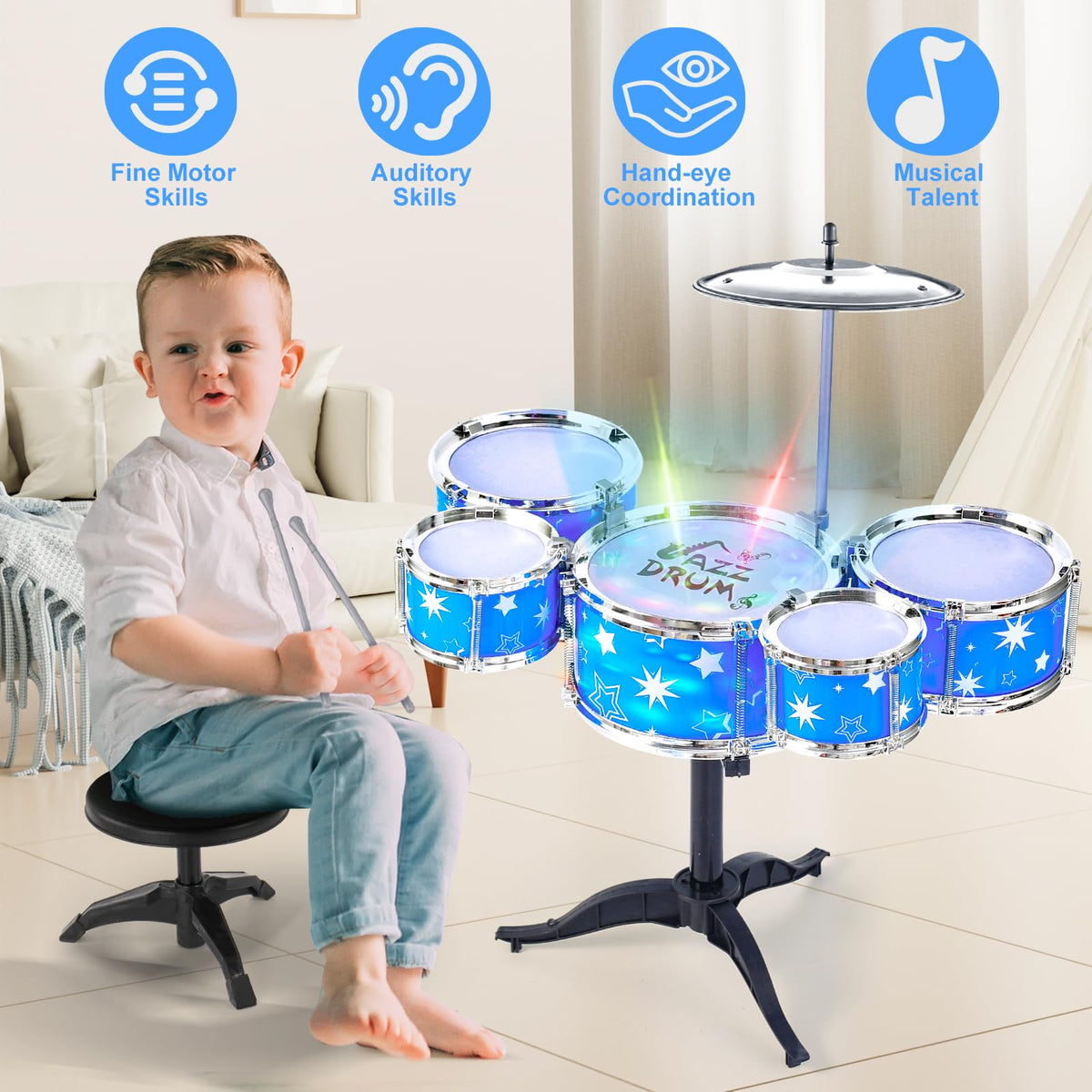 PaLeyFer LED light turns on during a mini jam session for kids.