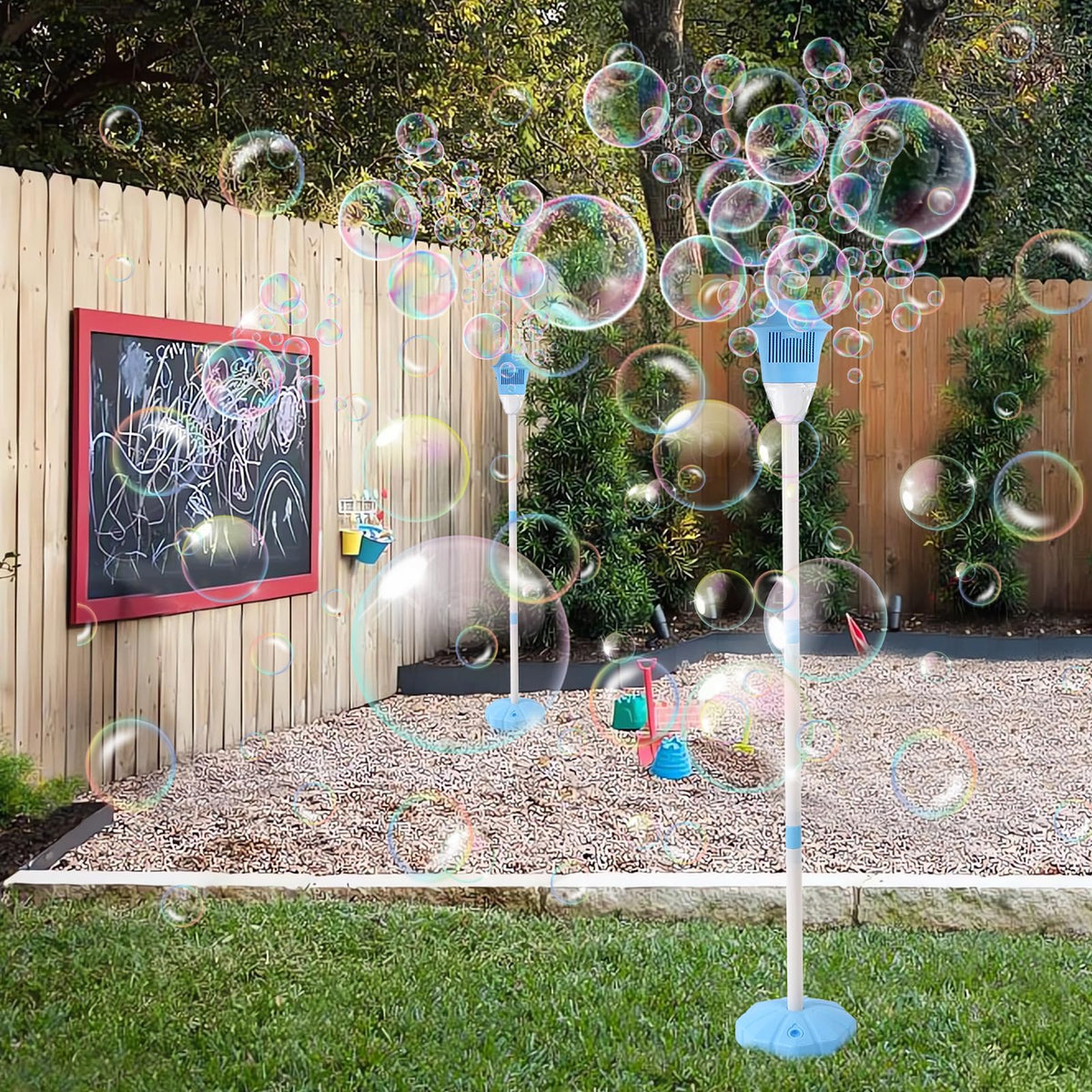 Palksky bubble machine includes dual batteries for extended playtime.