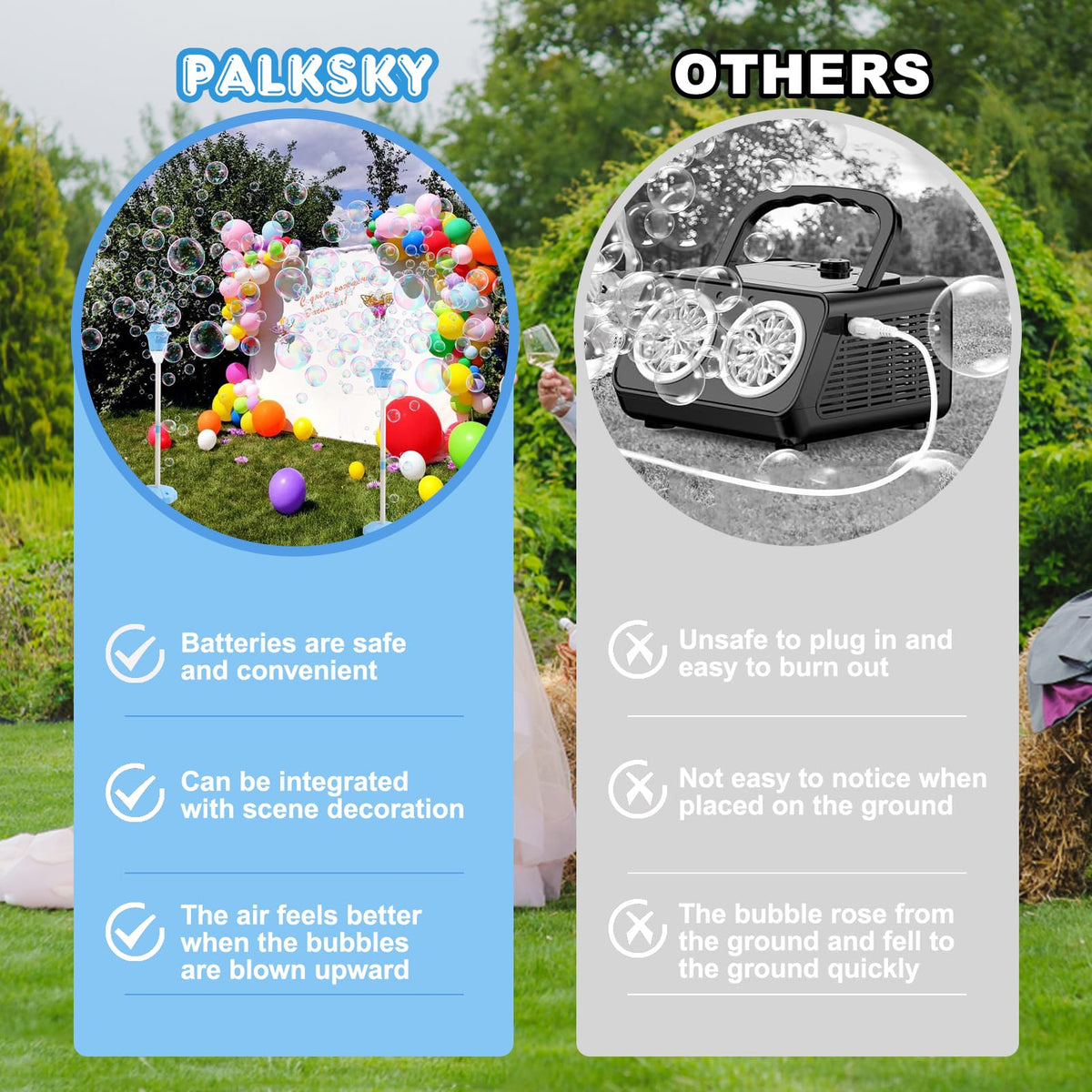 Palksky bubble machine shows a color spectrum light display during night events.