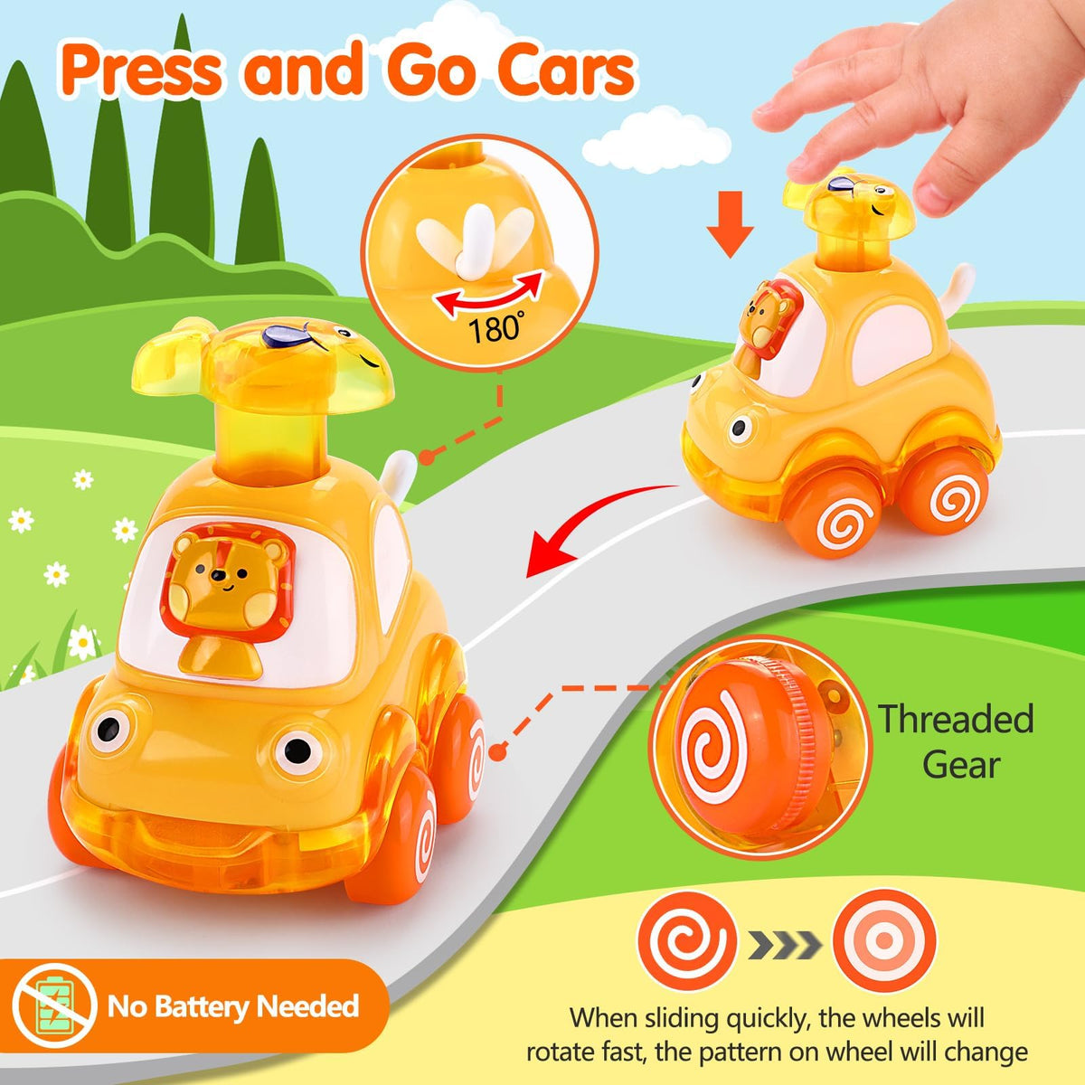 Palmatte press and go car with lion driver for toddlers, durable and battery-free fun.