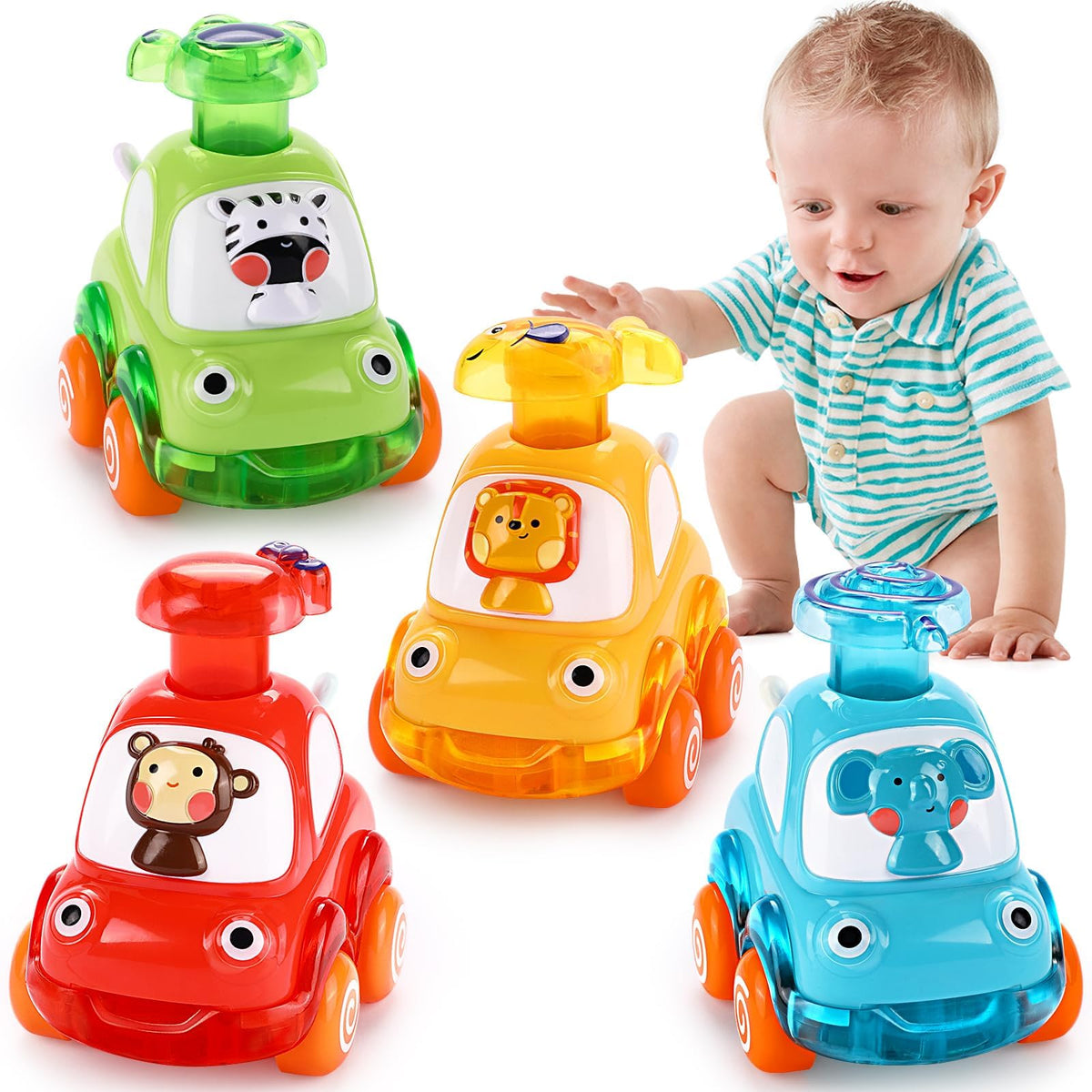 Palmatte press and go car with monkey driver for toddlers, engaging playtime and color recognition.