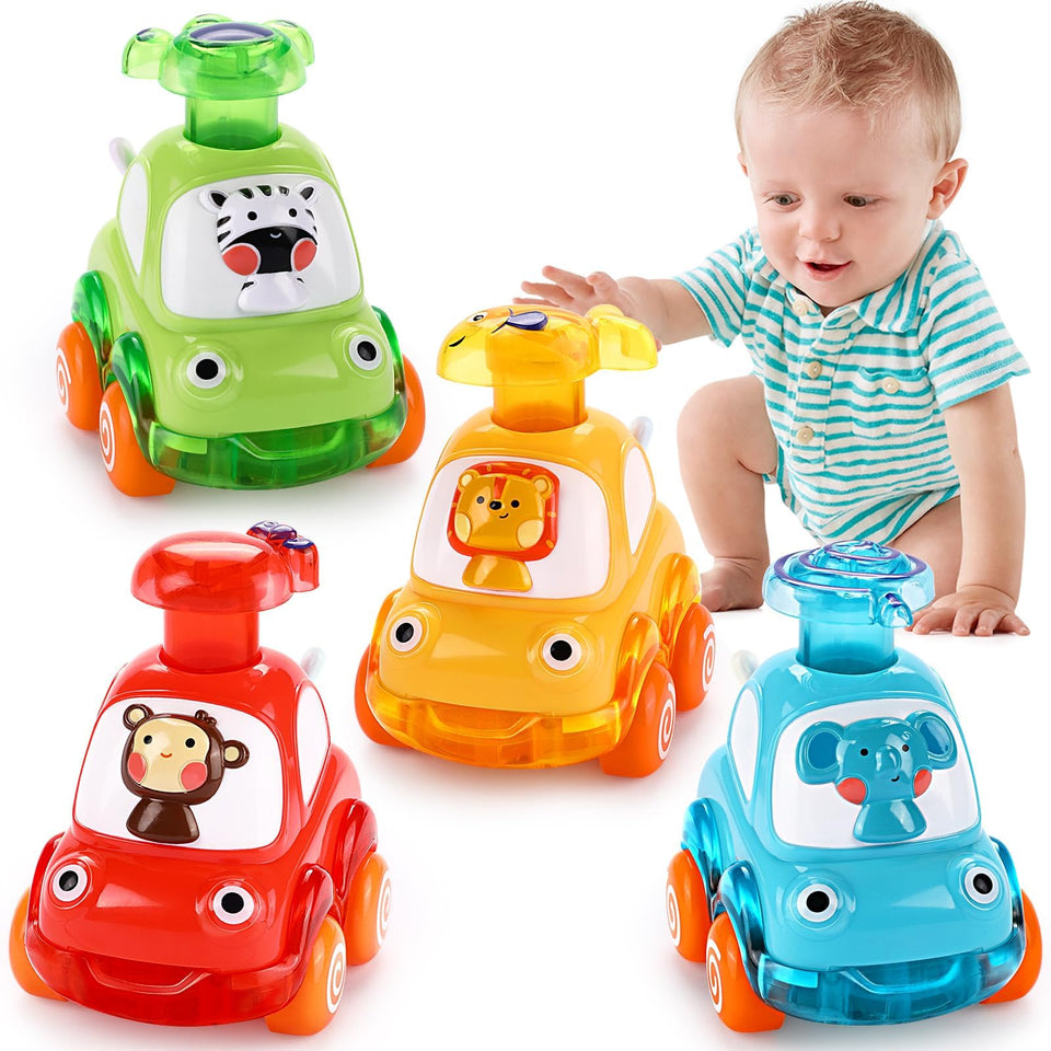 Palmatte press and go car with monkey driver for toddlers, engaging playtime and color recognition.