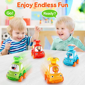Palmatte press and go car tail wag action, playful movement inspires mimic play.