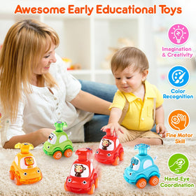 Palmatte press and go car with zebra driver, bright colors boost visual tracking.