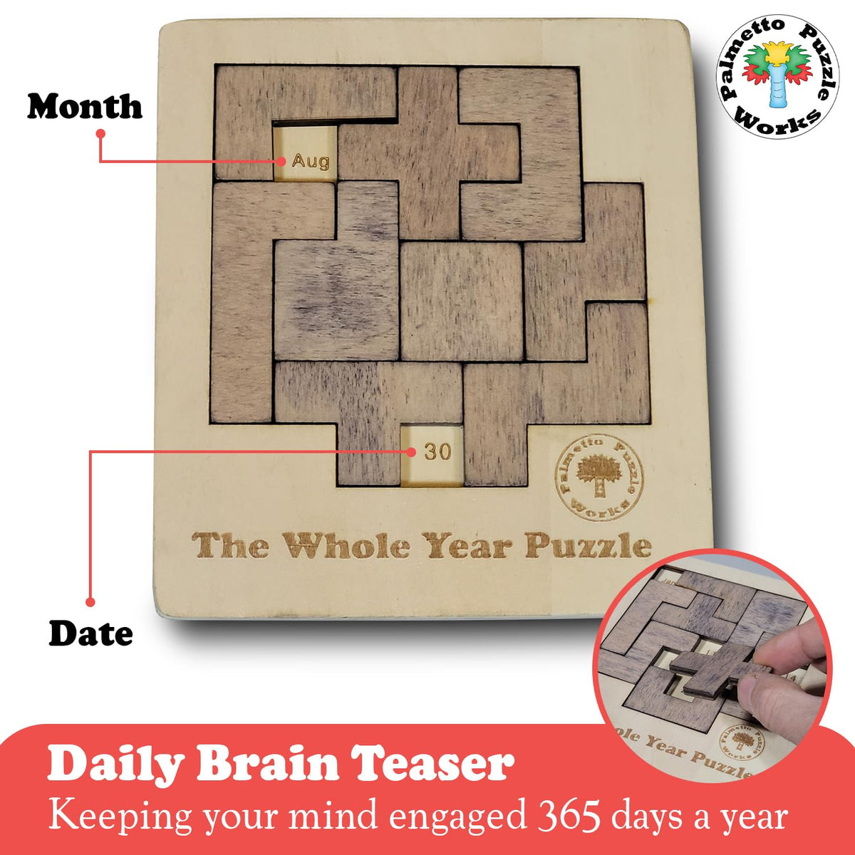 Palmetto Puzzle Works nine wooden pieces arranged to reveal date configurations