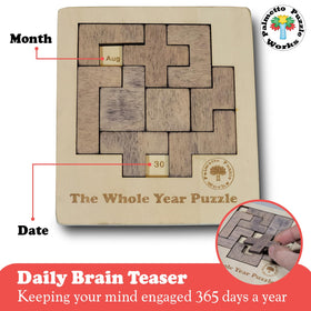 Palmetto Puzzle Works nine wooden pieces arranged to reveal date configurations