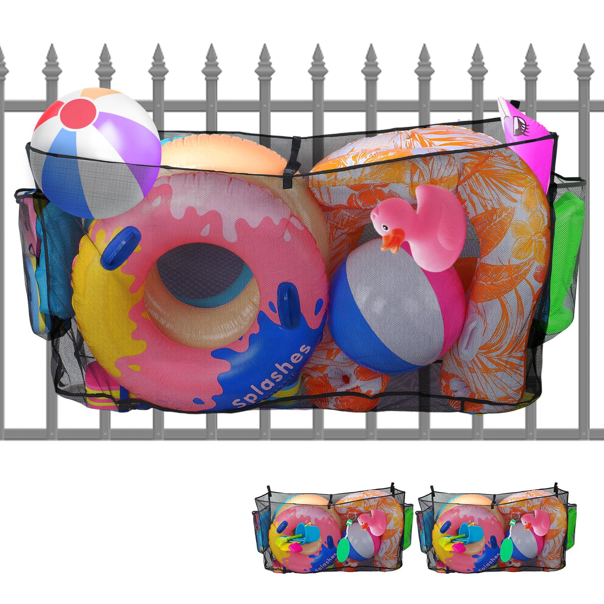 PAMASE pool toy storage bag hanging on a fence, keeps toys organized and easy to reach