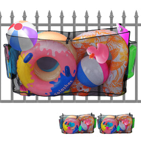 PAMASE pool toy storage bag hanging on a fence, keeps toys organized and easy to reach