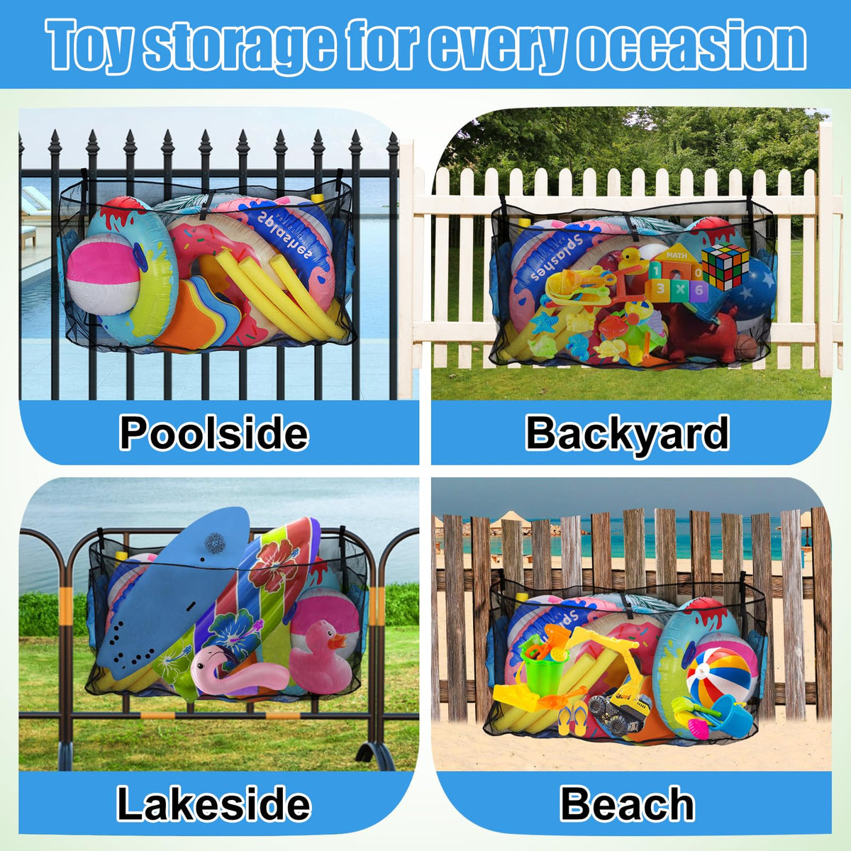 Versatile PAMASE storage for toys and other poolside items