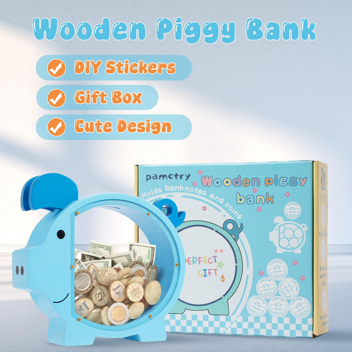 Pamctry piggy bank child deposits coins showcasing practical savings