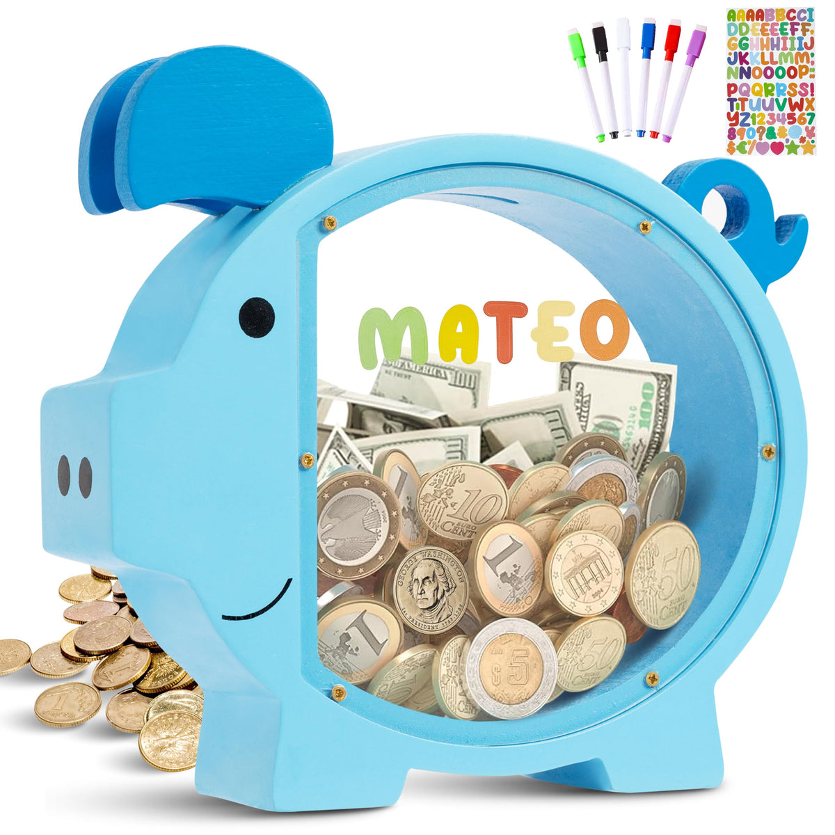 Pamctry piggy bank front view with blue design supports early saving habits