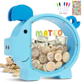 Pamctry piggy bank front view with blue design supports early saving habits
