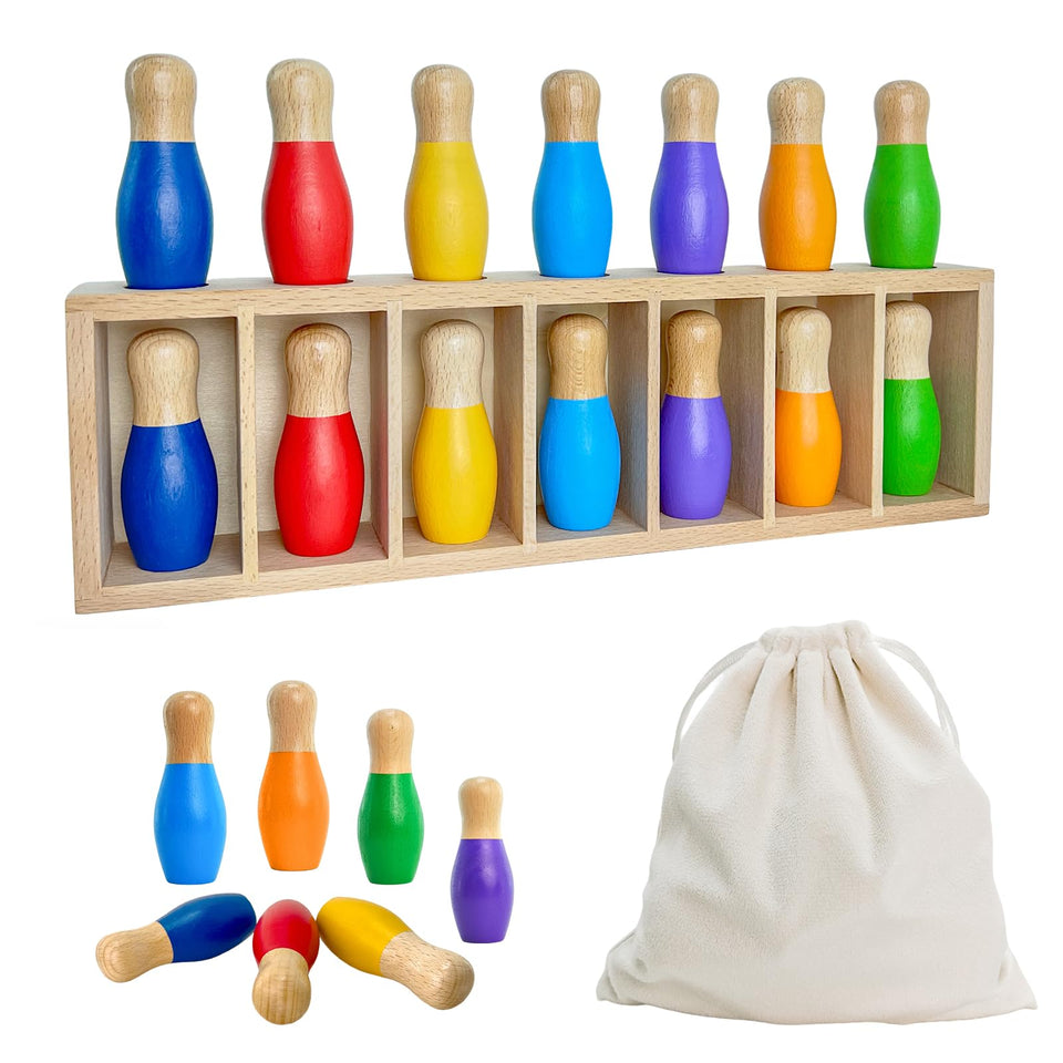 Pamexin wooden bowling color match setup for family game night and color learning.