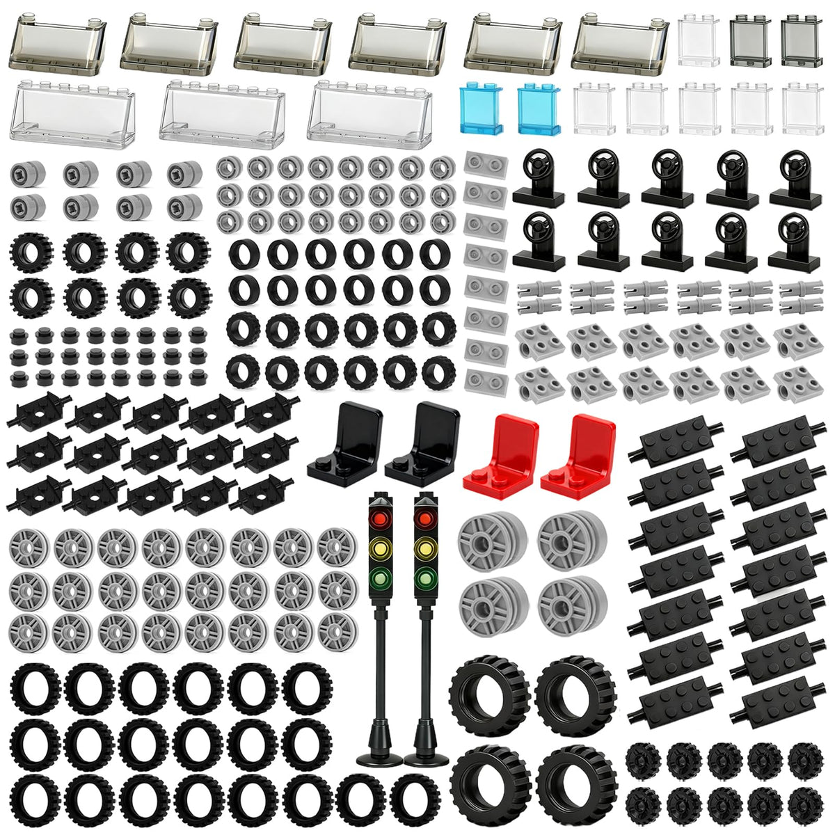 Pamvava 298pcs wheels and axles set for imaginative vehicle builds.