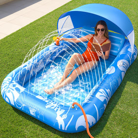 PanAdventure inflatable tanning pool lounger with canopy and sprinkler for cooling shade
