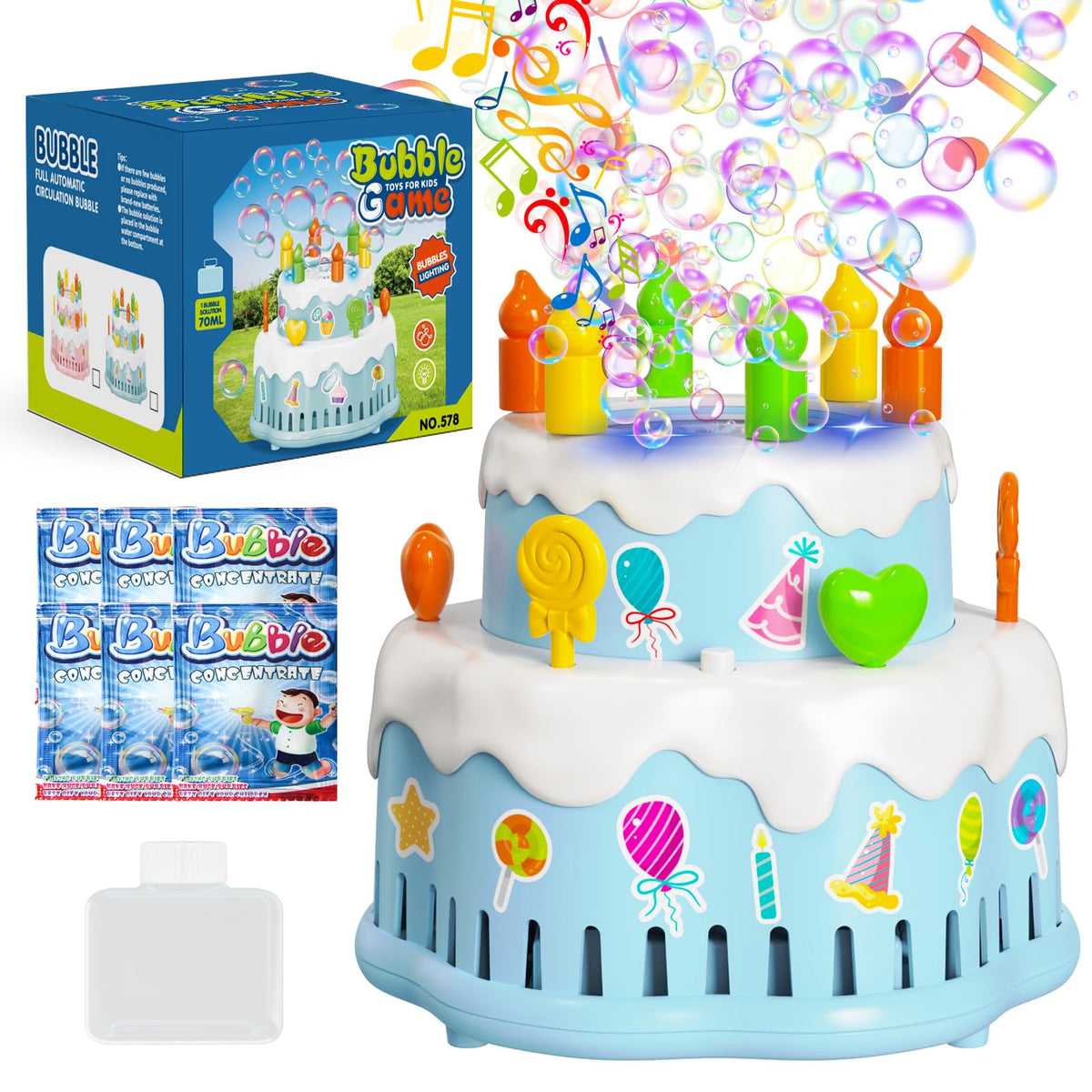 Panamalar Birthday Cake Bubble Machine viewed from top showing bubbles and cake design