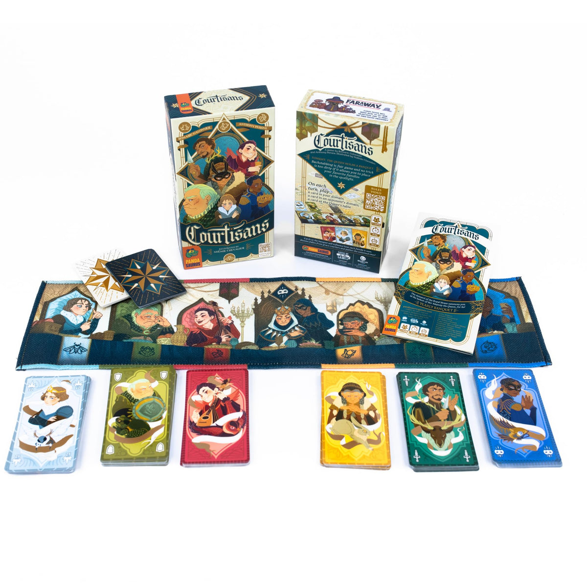 Pandasaurus Courtisans cards arranged in a player's Domain highlighting family dynamics