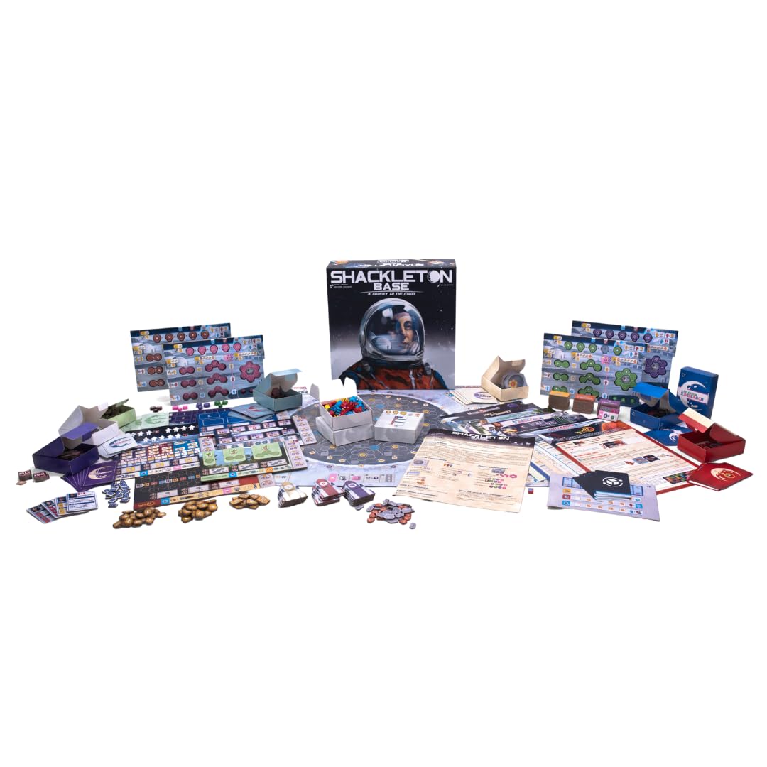 Pandasaurus Games Shackleton Base board with mission cards highlights cooperative exploration and friendly competition.
