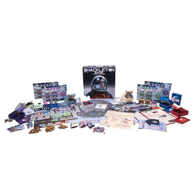Pandasaurus Games Shackleton Base board with mission cards highlights cooperative exploration and friendly competition.