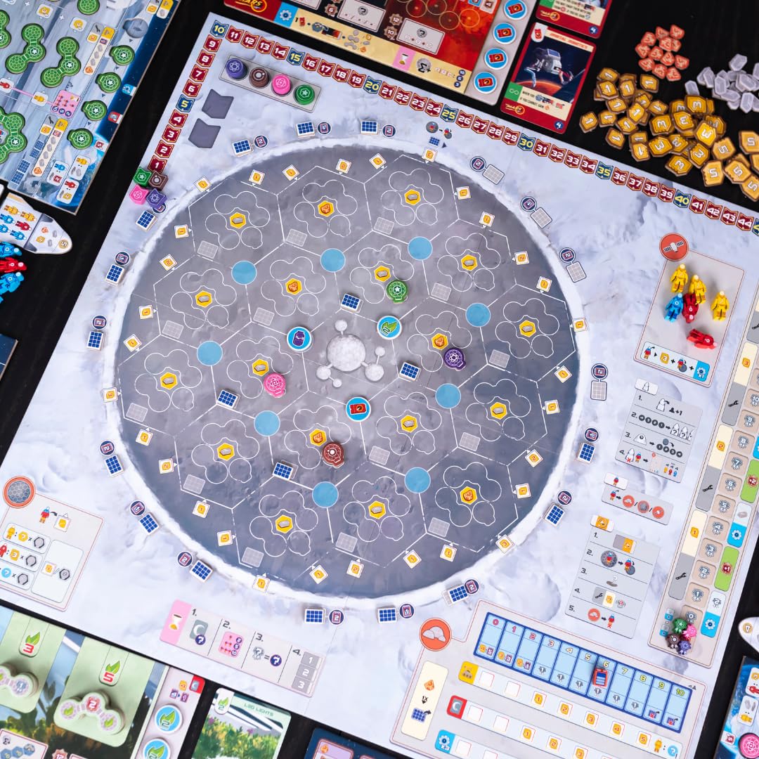 Pandasaurus Games Shackleton Base resource dice scene suggests resource management during play.