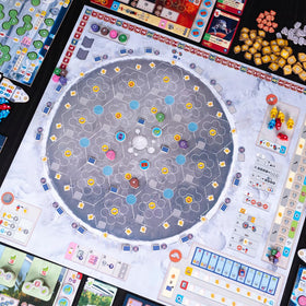 Pandasaurus Games Shackleton Base resource dice scene suggests resource management during play.