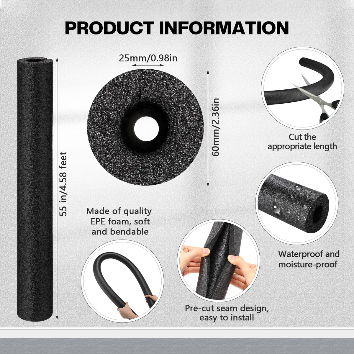 Pangda 55-inch foam noodles, top view in black, highlighting large buoyant use