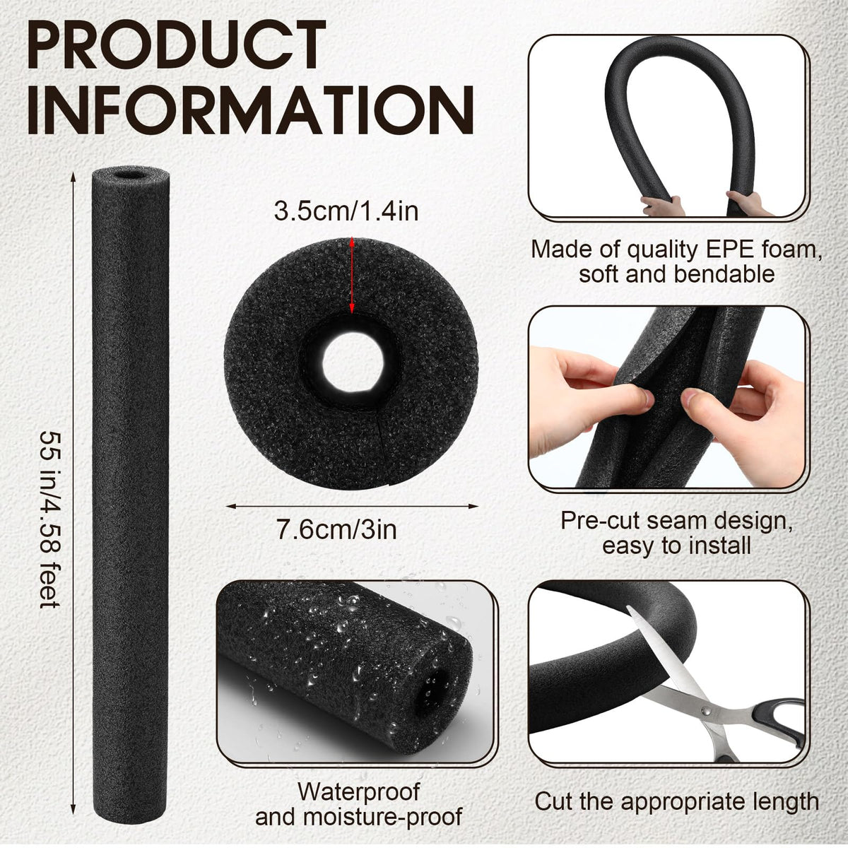 Pangda jumbo foam noodle 55 inch black cross-section for DIY projects