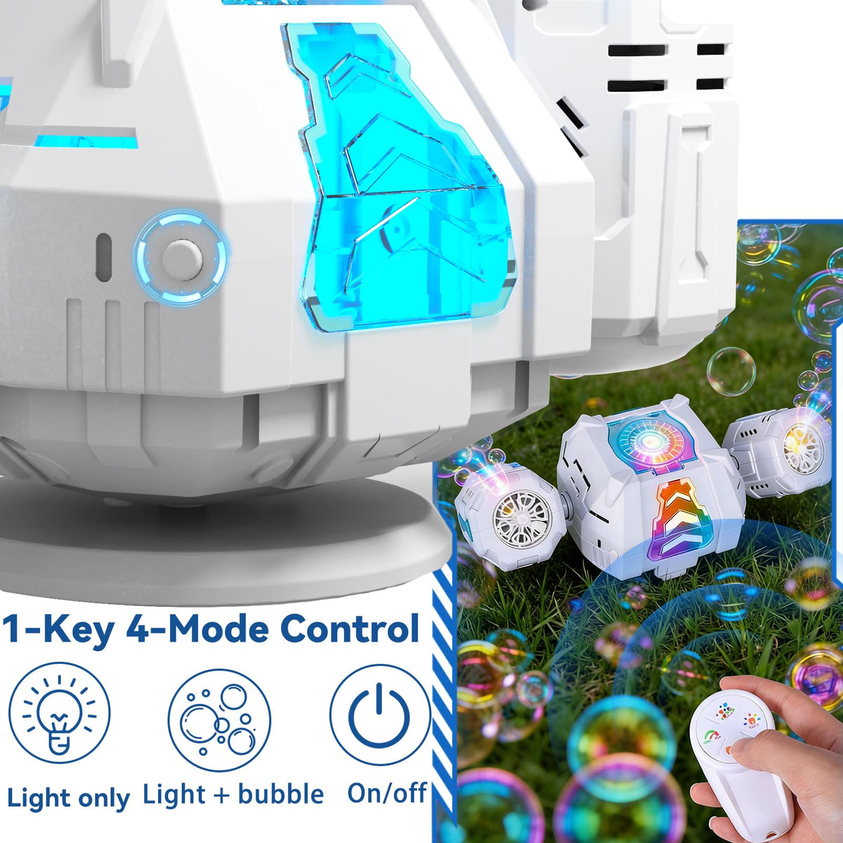 PANIED bubble machine with 360-degree rotation base delivering bubbles for events.