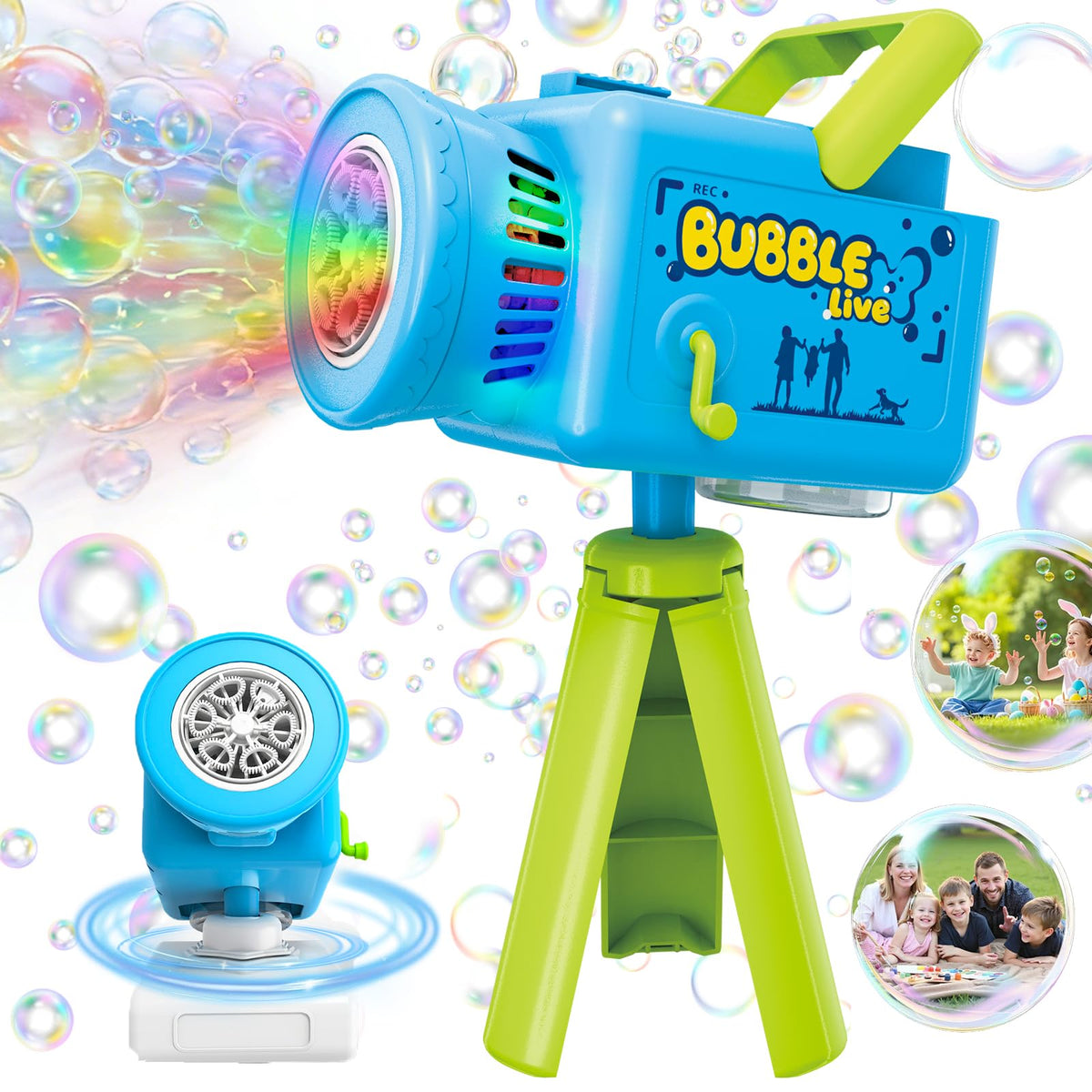 PANIED Camera Bubble Machine front view with music and lights for playful moments